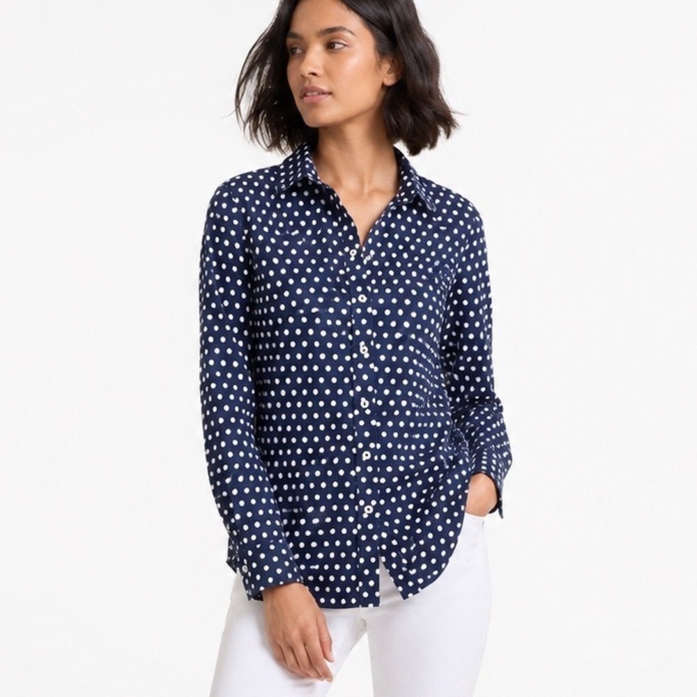 Talbots Button Down Shirt 100%‎ Cotton Navy Polka Dot Preppy Minimalist Women MP